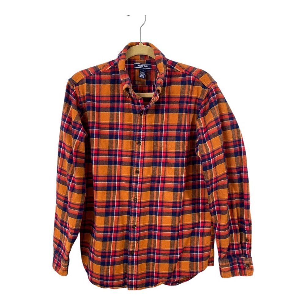 Lands End Orange Blue Red Plaid Flannel Shirt Men's Sz M 15-15.5 Traditional Fit